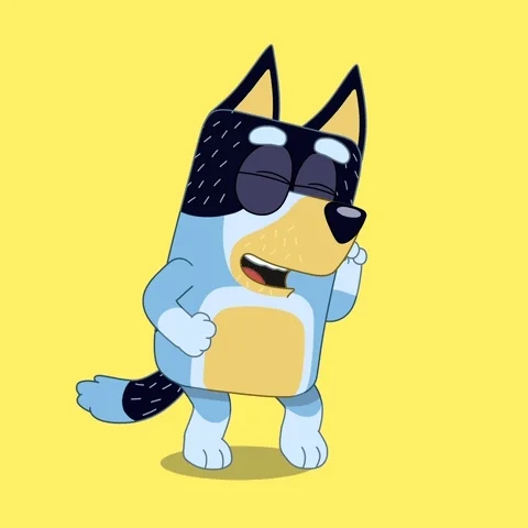 Bandit Heeler, also known as Dad from the TV show Bluey is dancing in front of a solid yellow background.